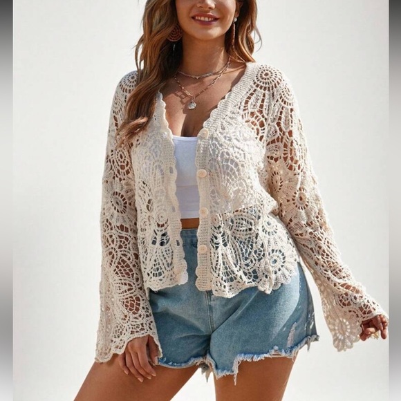 Sweaters - Cream Crochet Cardigan